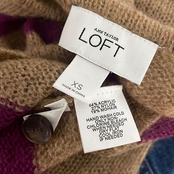 Ann Taylor LOFT Camel Tan & Purple Striped Loose Knit Mohair Blend Sweater sz XS - Picture 4 of 7